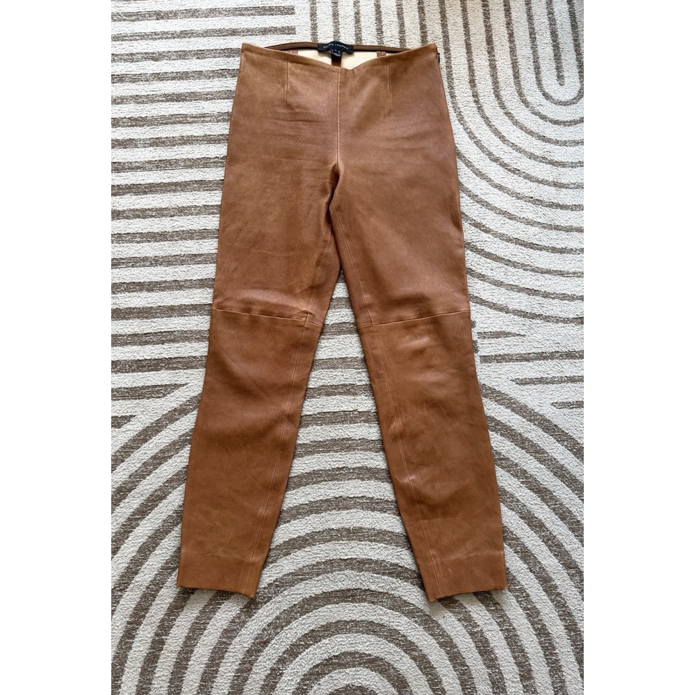 Ralph Lauren Womens Lambskin Leather Pants Sz 12 Cognac Brown Pull On Skinny Leg